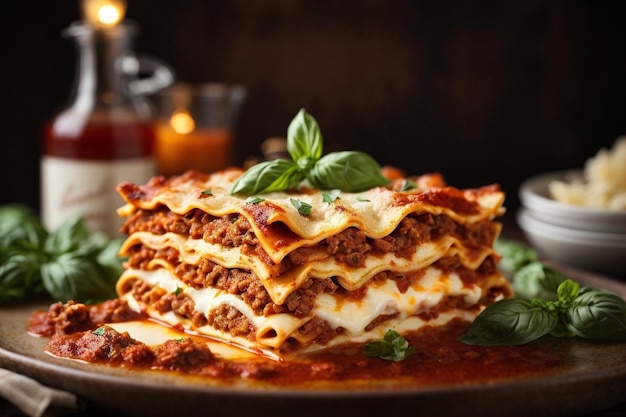 Foto di lasagna d'acqua in bocca con ricca salsa bolognese e mozzarella fusa