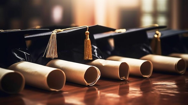 Foto di laurea Una fila di cappucci e diplomi di laurea si trova su un pavimento di legno