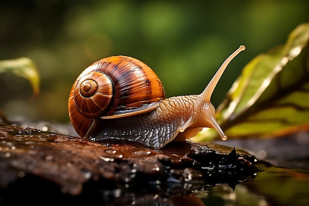 Foto di lumache che strisciano su uno sfondo naturale di foglie bagnate