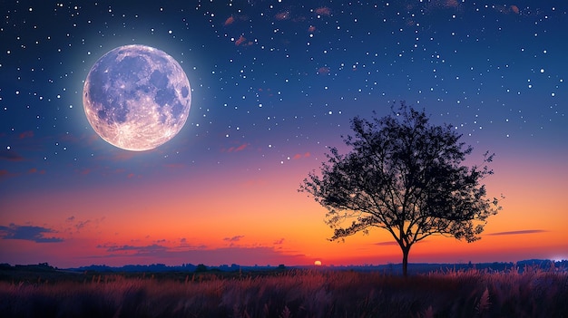 Foto di luna piena che splende nel cielo un albero sullo sfondo paesaggio notturno carta da parati per comp