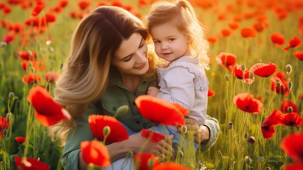 Foto di madre e figlia amore nel bellissimo paesaggio naturale di fiori di papavero