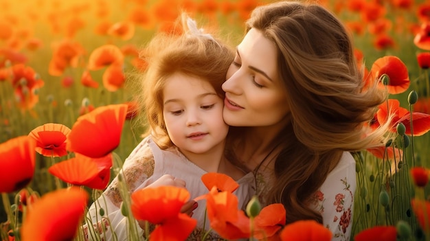 Foto di madre e figlia amore nel bellissimo paesaggio naturale di fiori di papavero