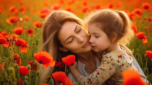 Foto di madre e figlia amore nel bellissimo paesaggio naturale di fiori di papavero
