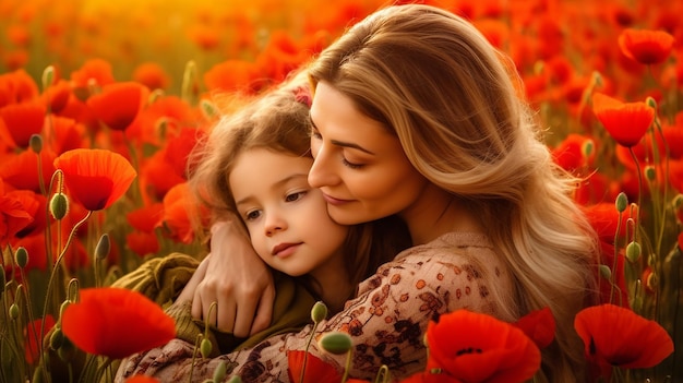 Foto di madre e figlia amore nel bellissimo paesaggio naturale di fiori di papavero