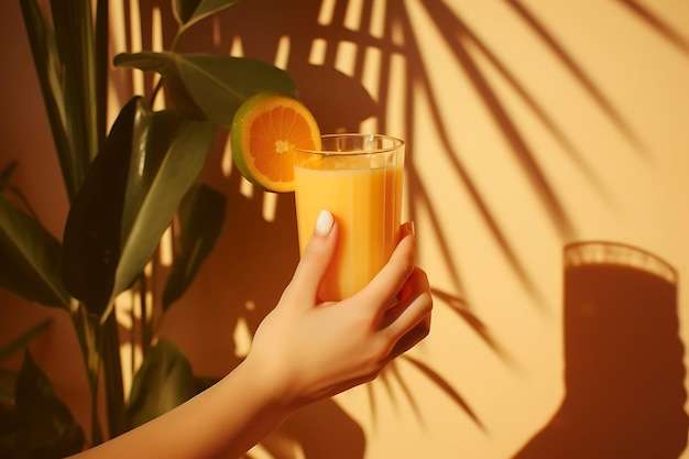 Foto di mani che tengono un bicchiere di succo d'arancia arancione