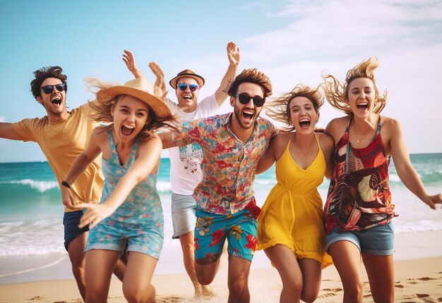 Foto di membri della famiglia, giovani adolescenti felici che si divertono sullo sfondo della festa in spiaggia