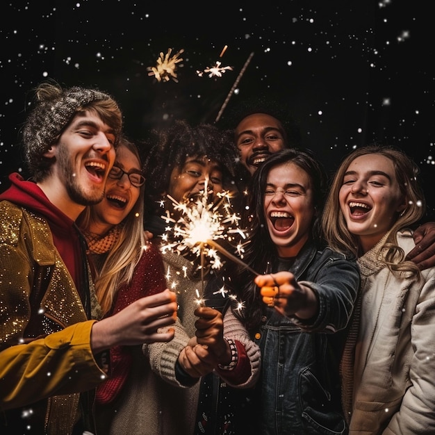 Foto di millennial multietnici felici che festeggiano insieme il nuovo anno sullo sfondo nero