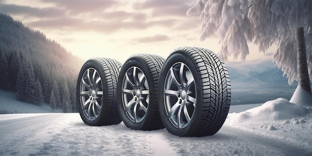 Foto di moderni pneumatici per auto invernali 4 pneumatici insieme sullo sfondo di un inverno