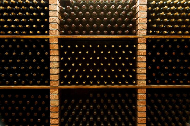 Foto di molte bottiglie di vino straordinario nella cantina sotterranea