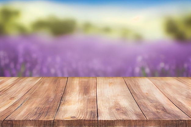 Foto di montaggio della fattoria dei campi di lavanda con tavolo in legno Concetto di fiore estivo AI generato