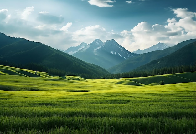 Foto di montagne giganti con prati verdi sullo sfondo della natura