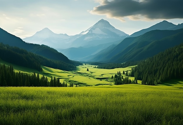 Foto di montagne giganti con prati verdi sullo sfondo della natura