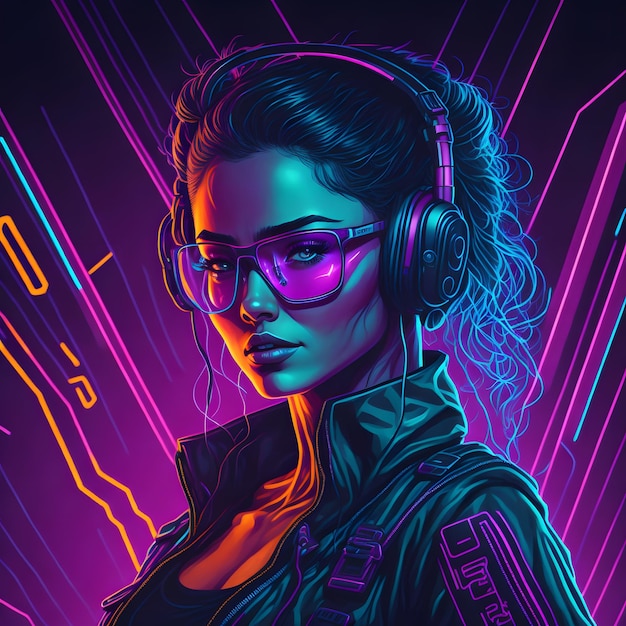 Foto di musica elettronica al neon con dj femminile ai generativa