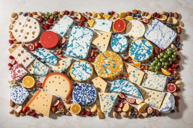 Foto di natura morta di una varietà di deliziosi pezzi di formaggio