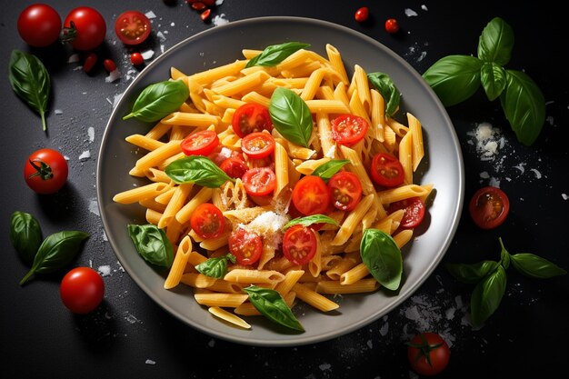 Foto di pasta con pomodori e basilico su uno sfondo grigio