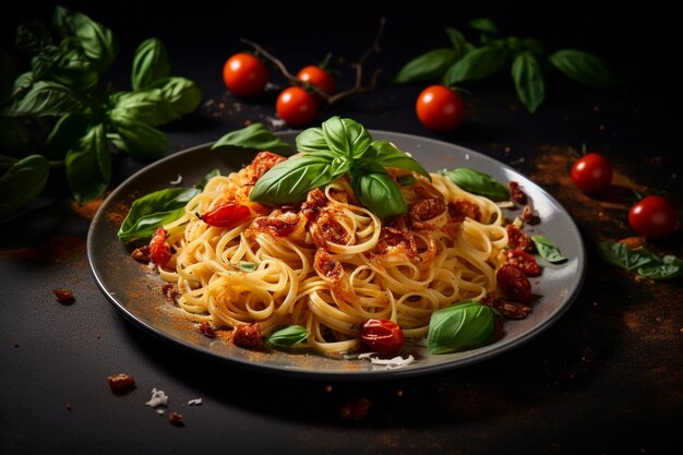 Foto di pasta con pomodori e basilico su uno sfondo grigio