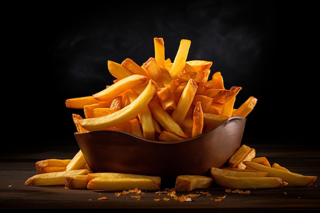 foto di patatine fritte sfondo scuro studio luce fotorealistico iperrealistico