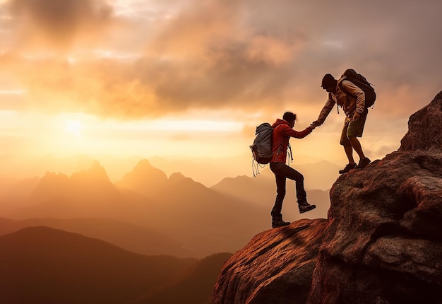 Foto di persone che fanno escursioni e viaggiano, aiutandosi a vicenda