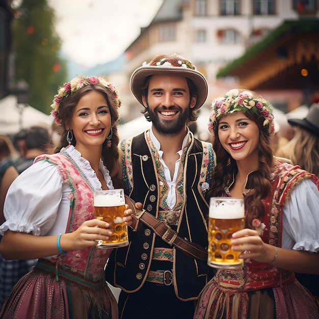 Foto di persone che indossano i tradizionali costumi bavaresi birra e salatini