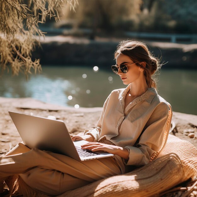 Foto di persone che lavorano su un computer portatile all'aperto