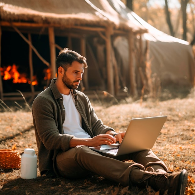 Foto di persone che lavorano su un computer portatile all'aperto