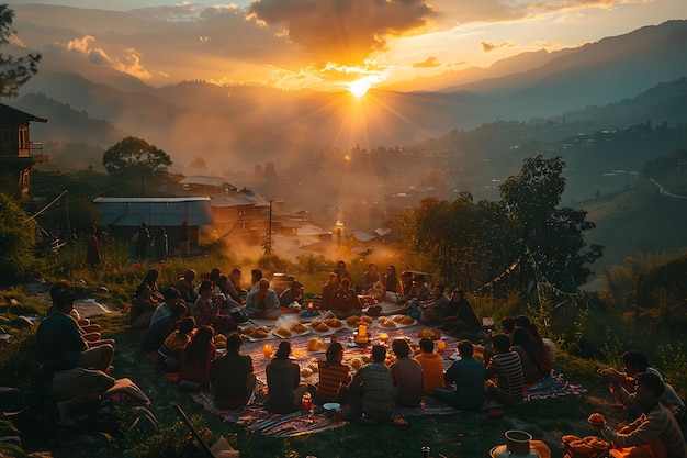 Foto di persone che si riuniscono per un picnic in una serena montagna nepalese Attività familiari Occupazione Cura