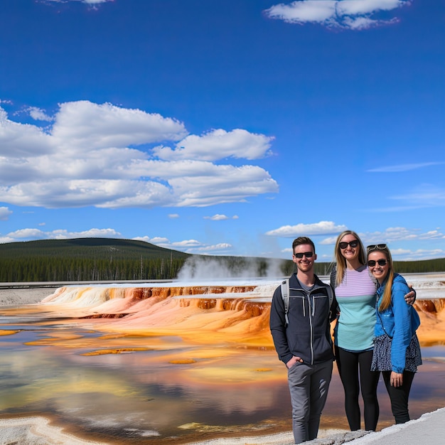 Foto di persone davanti al Parco Nazionale di Yellowstone negli Stati Uniti