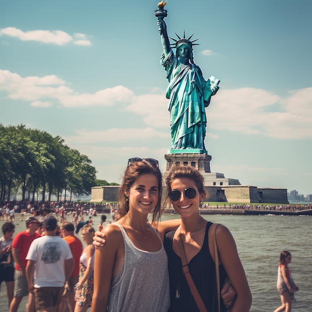 Foto di persone davanti alla Statua della Libertà a New York USA