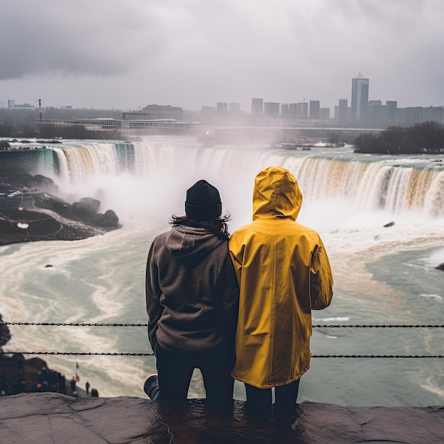 Foto di persone davanti alle cascate del Niagara negli Stati Uniti e in Canada