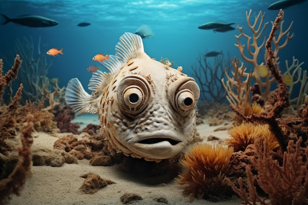 Foto di pesci e coralli bizzarri sulla sabbia sott'acqua nella vista sul mare