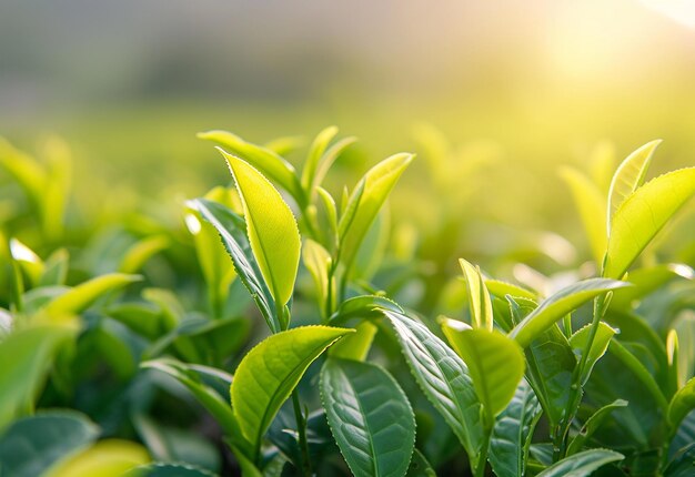 Foto di piantagioni di tè verde al mattino con germogli e foglie foglie di tè su bianco isolato