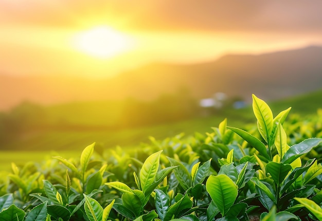 Foto di piantagioni di tè verde al mattino con germogli e foglie foglie di tè su bianco isolato