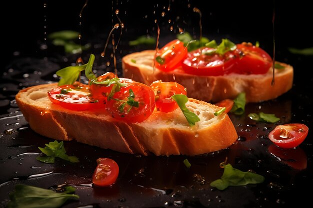 Foto di pioggia di olio d'oliva sulla bruschetta