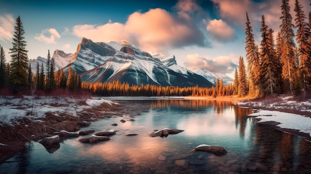 foto di pittura digitale con montagne, laghi e fogliame