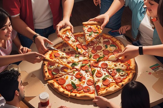Foto di pizza calda alzata su un tavolo sullo sfondo di un gruppo o compagnia di amici