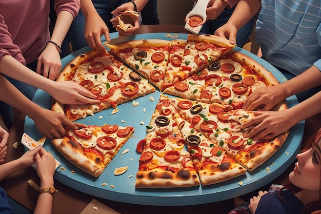 Foto di pizza calda alzata su un tavolo sullo sfondo di un gruppo o compagnia di amici