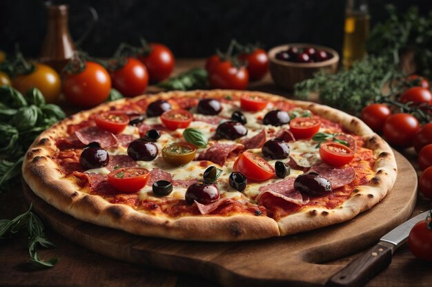 Foto di pizza riempita di pomodori, salami e olive