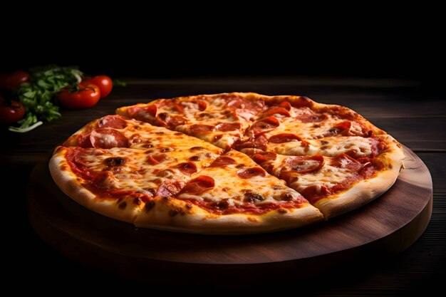 Foto di pizza su una tavola di legno e vista laterale del tavolo sfondo nero