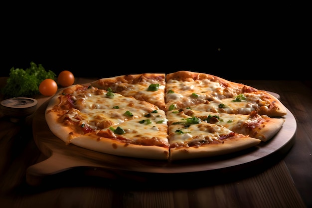 Foto di pizza su una tavola di legno e vista laterale del tavolo sfondo nero