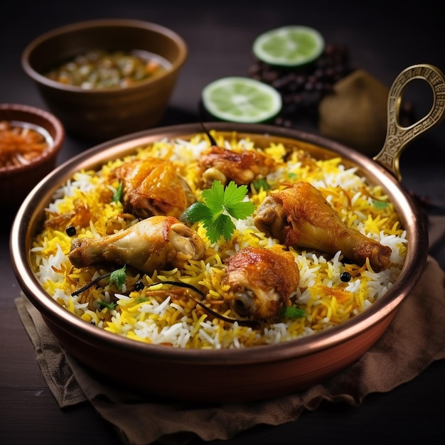 Foto di pollo piccante indiano e biriyani all'uovo con curry