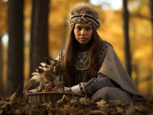 foto di posa dinamica emotiva Donna indiana su sfondo autunnale