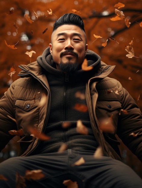 foto di posa dinamica emotiva Uomo asiatico in autunno