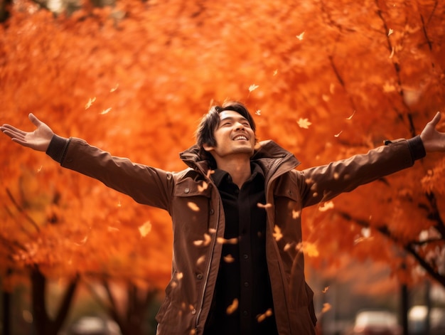 foto di posa dinamica emotiva Uomo asiatico in autunno