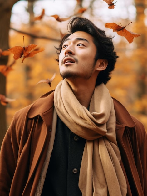foto di posa dinamica emotiva Uomo asiatico in autunno