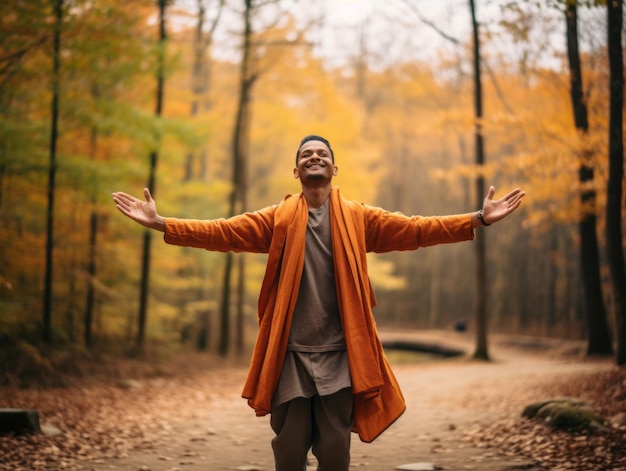 foto di posa dinamica emotiva uomo indiano sullo sfondo autunnale