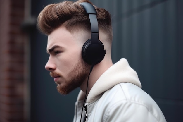 Foto di profilo di un giovane elegante che ascolta musica con le cuffie create con l'AI generativa