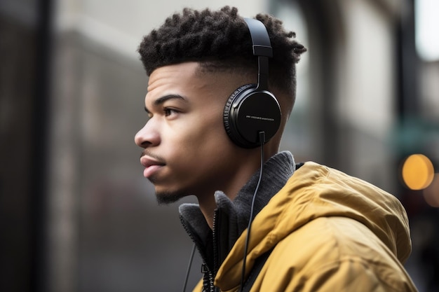 Foto di profilo di un giovane elegante che ascolta musica con le cuffie create con l'AI generativa