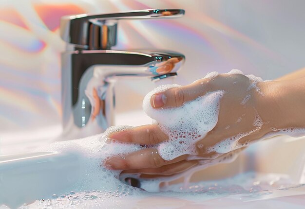 Foto di pulizia profonda lavando le mani con bolle di polso d'acqua e sapone nel lavandino del bagno