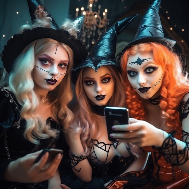 Foto di ragazze con costumi di Halloween che si fanno selfie durante una festa fotorealistica