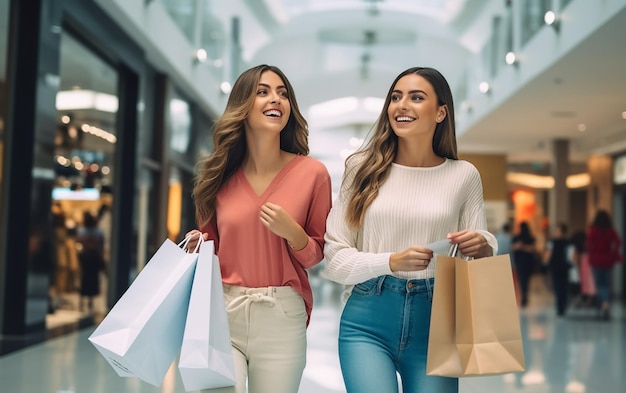 Foto di ragazze dello shopping felici ed emozionate con borse colorate